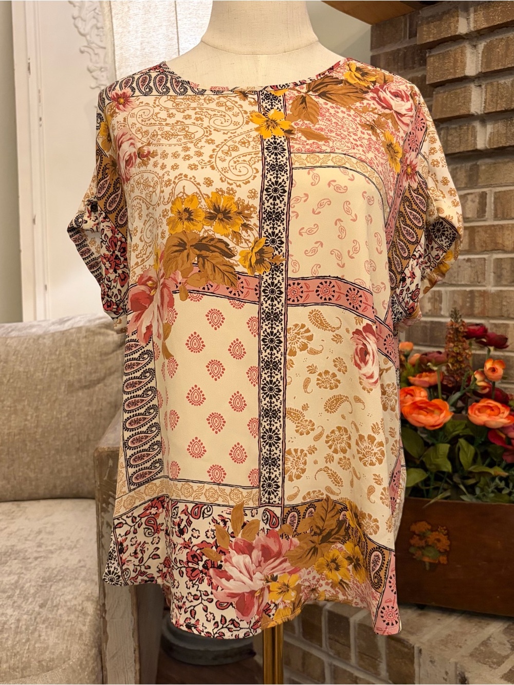 Maurices Cream Boho Patchwork Floral Blouse with Pink & Mustard
0001